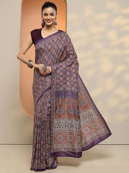 Libas - Women Purple Floral Printed Silk Blend Saree with Unstitched Blouse