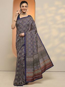 Libas - Women Navy Blue Mandala Printed Silk Blend Saree with Unstitched Blouse