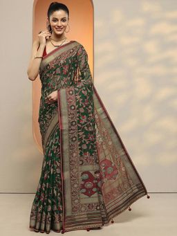 Libas - Women Green Floral Printed Pure Georgette Saree with Unstitched Blouse