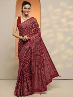 Libas - Women Maroon Bandhani Printed Pure Georgette Saree with Unstitched Blouse