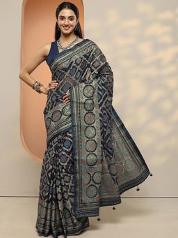 Libas - Women Navy Blue Bandhani Printed Pure Georgette Saree with Unstitched Blouse