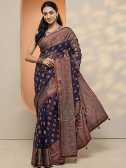 Libas - Women Navy Blue Floral Woven Pure Georgette Saree with Unstitched Blouse