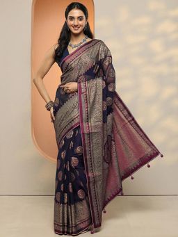 Libas - Women Navy Blue Floral Woven Pure Georgette Saree with Unstitched Blouse