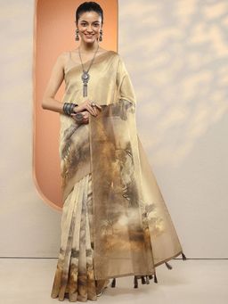 Libas - Women Beige Printed Silk Blend Saree with Unstitched Blouse
