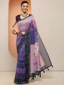 Libas - Women Purple Floral Printed Silk Blend Saree with Unstitched Blouse