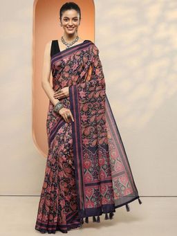 Libas - Women Dark Purple Floral Printed Silk Blend Saree with Unstitched Blouse