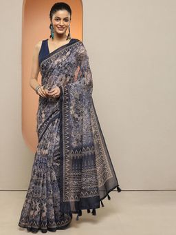 Libas - Women Navy Blue Floral Printed Silk Blend Saree with Unstitched Blouse