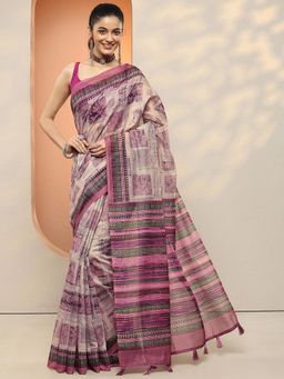 Libas - Women Purple Printed Silk Blend Saree with Unstitched Blouse
