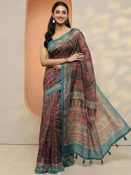 Libas - Women Blue Floral Printed Silk Blend Saree with Unstitched Blouse