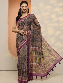 Libas - Women Wine Floral Printed Silk Blend Saree with Unstitched Blouse