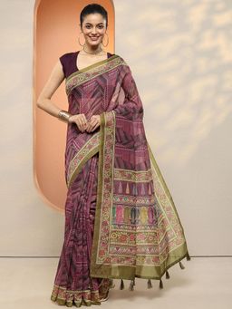 Libas - Women Purple Floral Printed Silk Blend Saree with Unstitched Blouse
