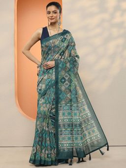 Libas - Women Teal Printed Silk Blend Saree with Unstitched Blouse