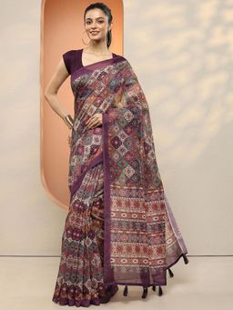 Libas - Women Purple Printed Silk Blend Saree with Unstitched Blouse