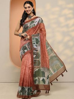 Libas - Women Peach Printed Silk Blend Saree with Unstitched Blouse