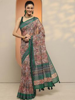 Libas - Women Green Paisley Printed Silk Blend Saree with Unstitched Blouse