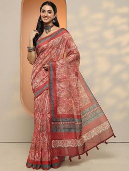 Libas - Women Red Paisley Printed Silk Blend Saree with Unstitched Blouse