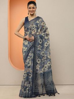 Libas - Women Navy Blue Floral Printed Silk Blend Saree with Unstitched Blouse