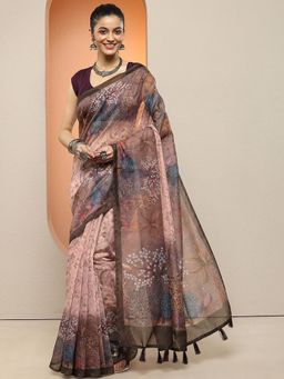 Libas - Women Brown Floral Printed Silk Blend Saree with Unstitched Blouse