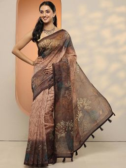 Libas - Women Brown Floral Printed Silk Blend Saree with Unstitched Blouse