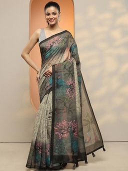 Libas - Women Olive Floral Printed Silk Blend Saree with Unstitched Blouse