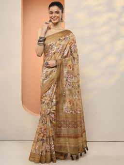 Libas - Women Mustard Floral Printed Silk Blend Saree with Unstitched Blouse