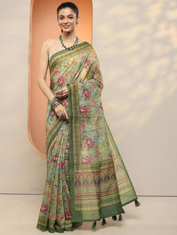 Libas - Women Green Floral Printed Silk Blend Saree with Unstitched Blouse