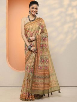 Libas - Women Light Brown Floral Printed Silk Blend Saree with Unstitched Blouse