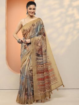 Libas - Women Beige Printed Silk Blend Saree with Unstitched Blouse