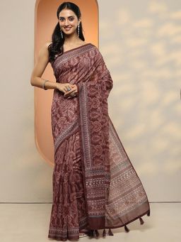 Libas - Women Brown Kalamkari Printed Silk Blend Saree with Unstitched Blouse