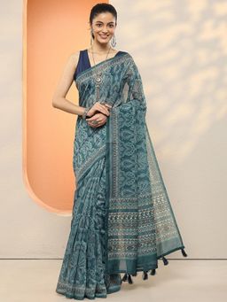 Libas - Women Teal Paisley Printed Silk Blend Saree with Unstitched Blouse