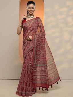 Libas - Women Red Kalamkari Printed Silk Blend Saree with Unstitched Blouse