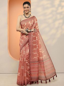 Libas - Women Orange Paisley Printed Silk Blend Saree with Unstitched Blouse