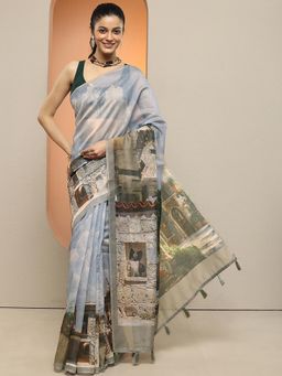 Libas - Women Blue Printed Silk Blend Saree with Unstitched Blouse