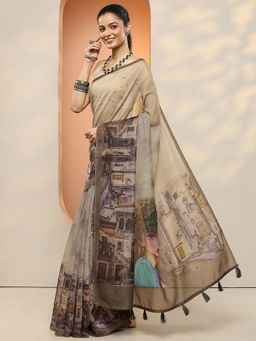 Libas - Women Beige Printed Silk Blend Saree with Unstitched Blouse