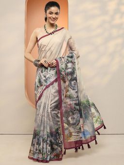 Libas - Women Beige and Purple Floral Printed Silk Blend Saree with Unstitched Blouse