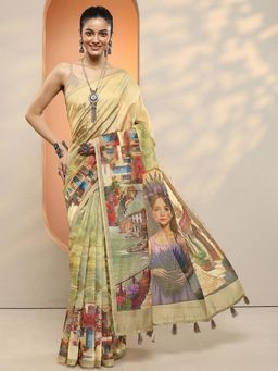 Libas - Women Yellow Floral Printed Silk Blend Saree with Unstitched Blouse