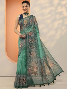 Libas - Women Green Floral Printed Silk Blend Saree with Unstitched Blouse