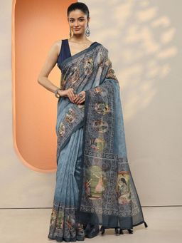 Libas - Women Navy Blue Printed Silk Blend Saree with Unstitched Blouse
