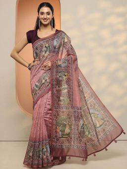 Libas - Women Pink Floral Printed Silk Blend Saree with Unstitched Blouse