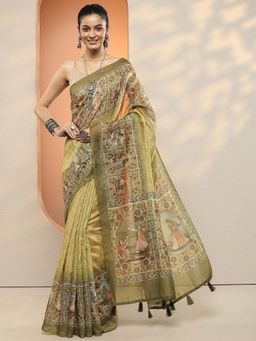 Libas - Women Olive Printed Silk Blend Saree with Unstitched Blouse