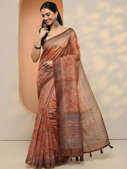 Libas - Women Rust Floral Printed Silk Blend Saree with Unstitched Blouse