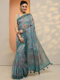Libas - Women Blue Floral Printed Silk Blend Saree with Unstitched Blouse