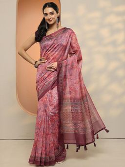Libas - Women Pink Floral Printed Silk Blend Saree with Unstitched Blouse