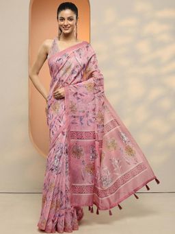 Libas - Women Pink Floral Printed Silk Blend Saree with Unstitched Blouse