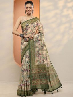 Libas - Women Green Floral Printed Silk Blend Saree with Unstitched Blouse