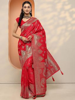 Libas - Women Red Woven Design Silk Blend Saree with Unstitched Blouse