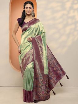Libas - Women Pista Green Woven Design Silk Blend Saree with Unstitched Blouse