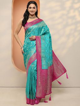 Libas - Women Blue Woven Design Silk Blend Saree with Unstitched Blouse