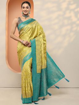 Libas - Women Lime Green Woven Design Silk Blend Saree with Unstitched Blouse