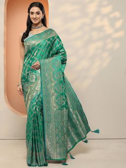 Libas - Women Green Woven Design Stone Work Silk Blend Saree with Unstitched Blouse